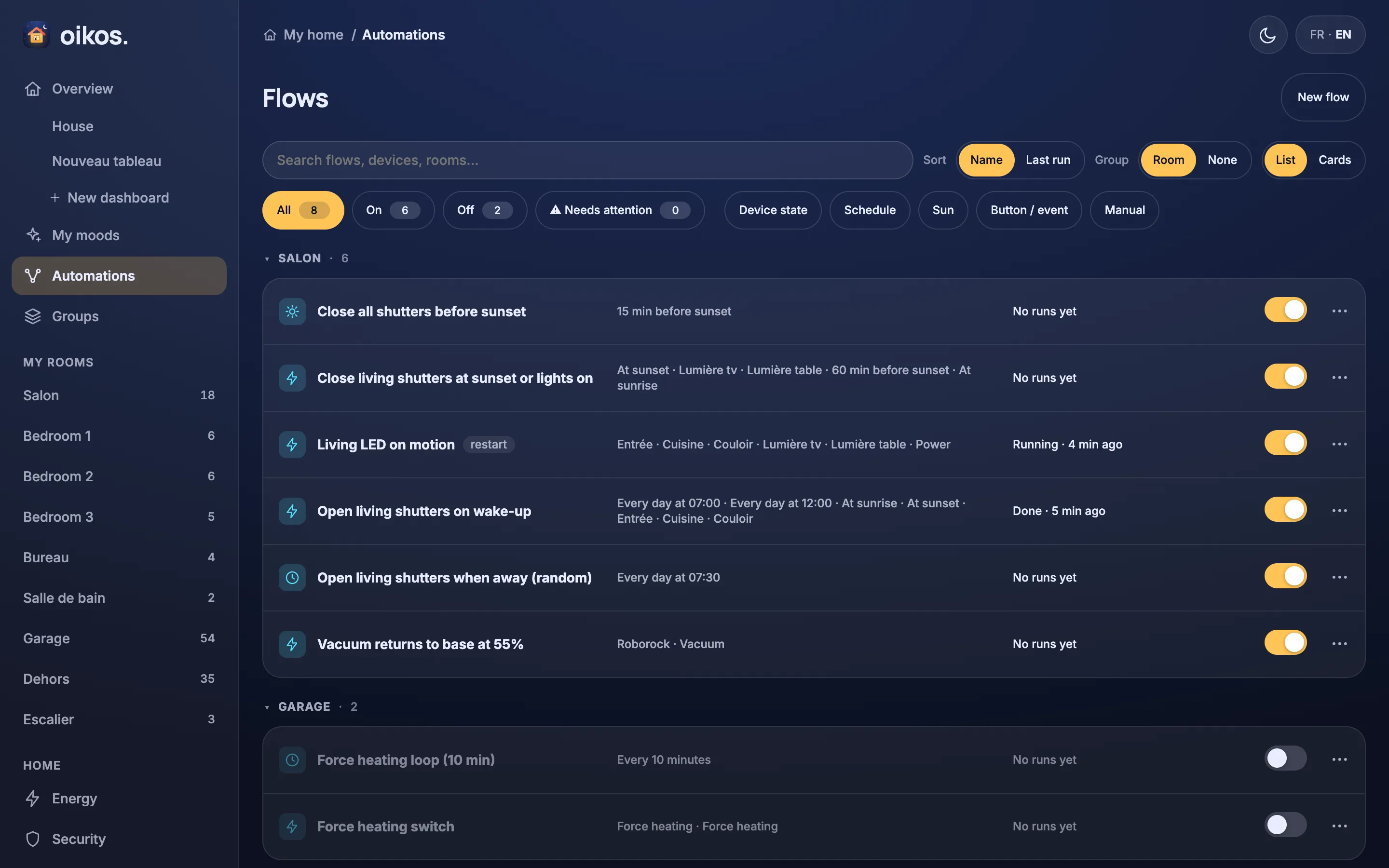 The Flows page: a search box, sort, group and view toggles, filter chips, and flows grouped by room with an enable switch and a ⋯ menu on each row
