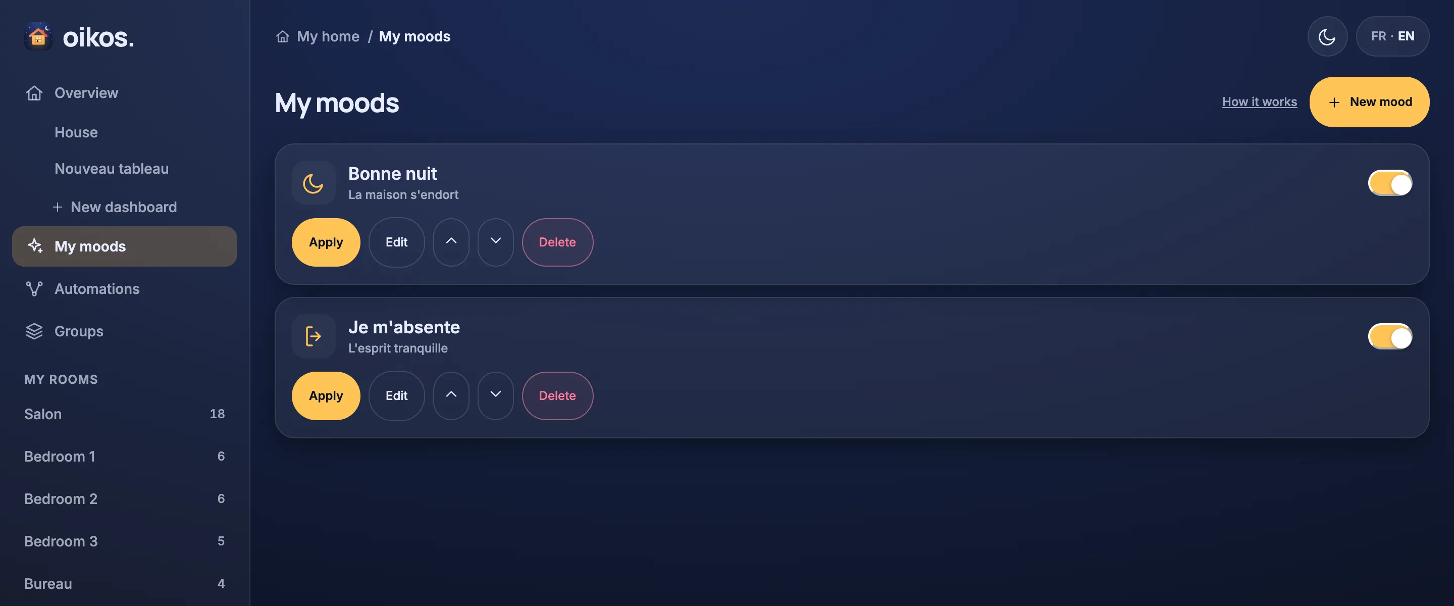 My moods: each mood with Apply, Edit, move up and down, Delete and its Show on Home switch