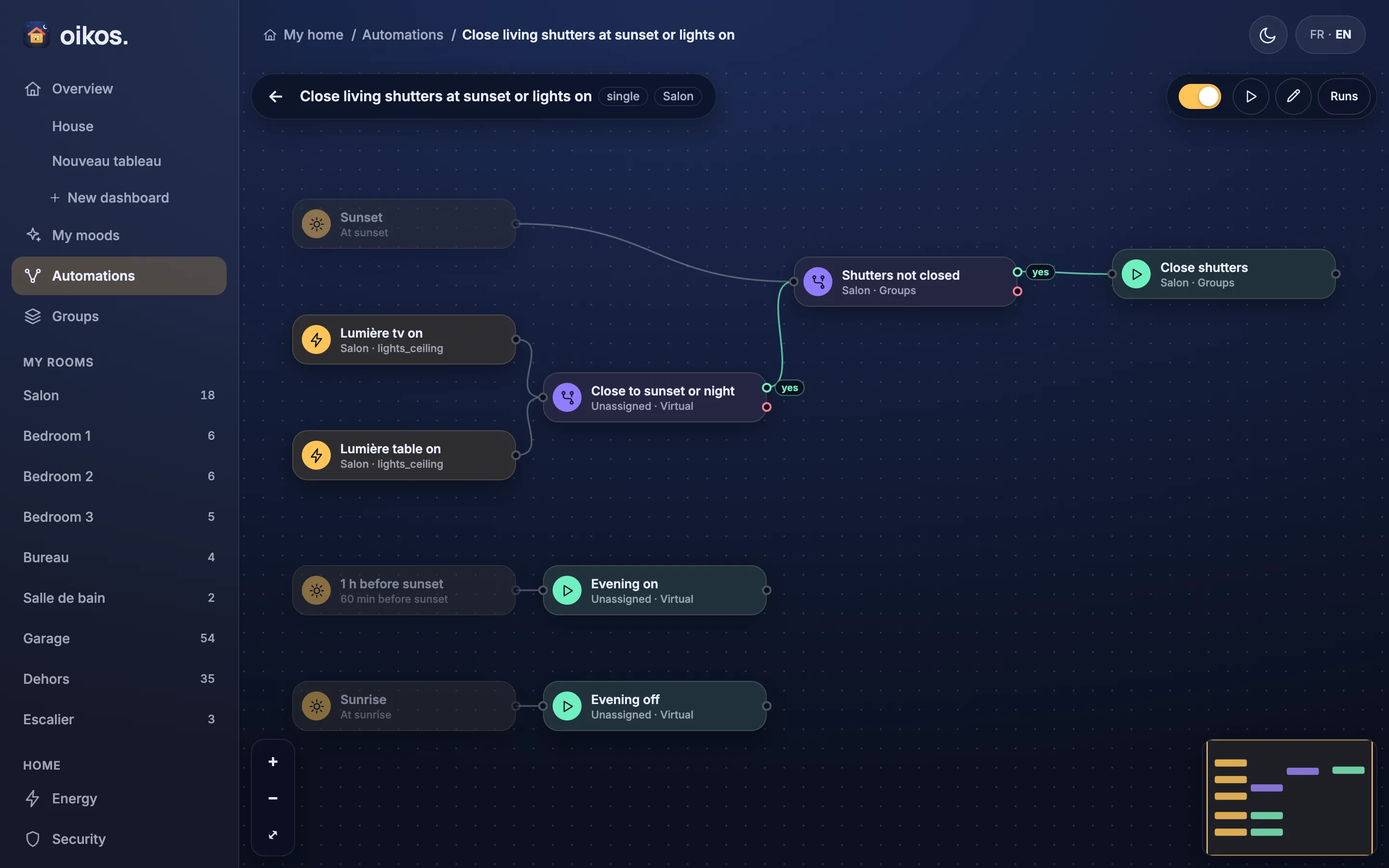 The flow canvas: a trigger connected to a check, an action and a delay.